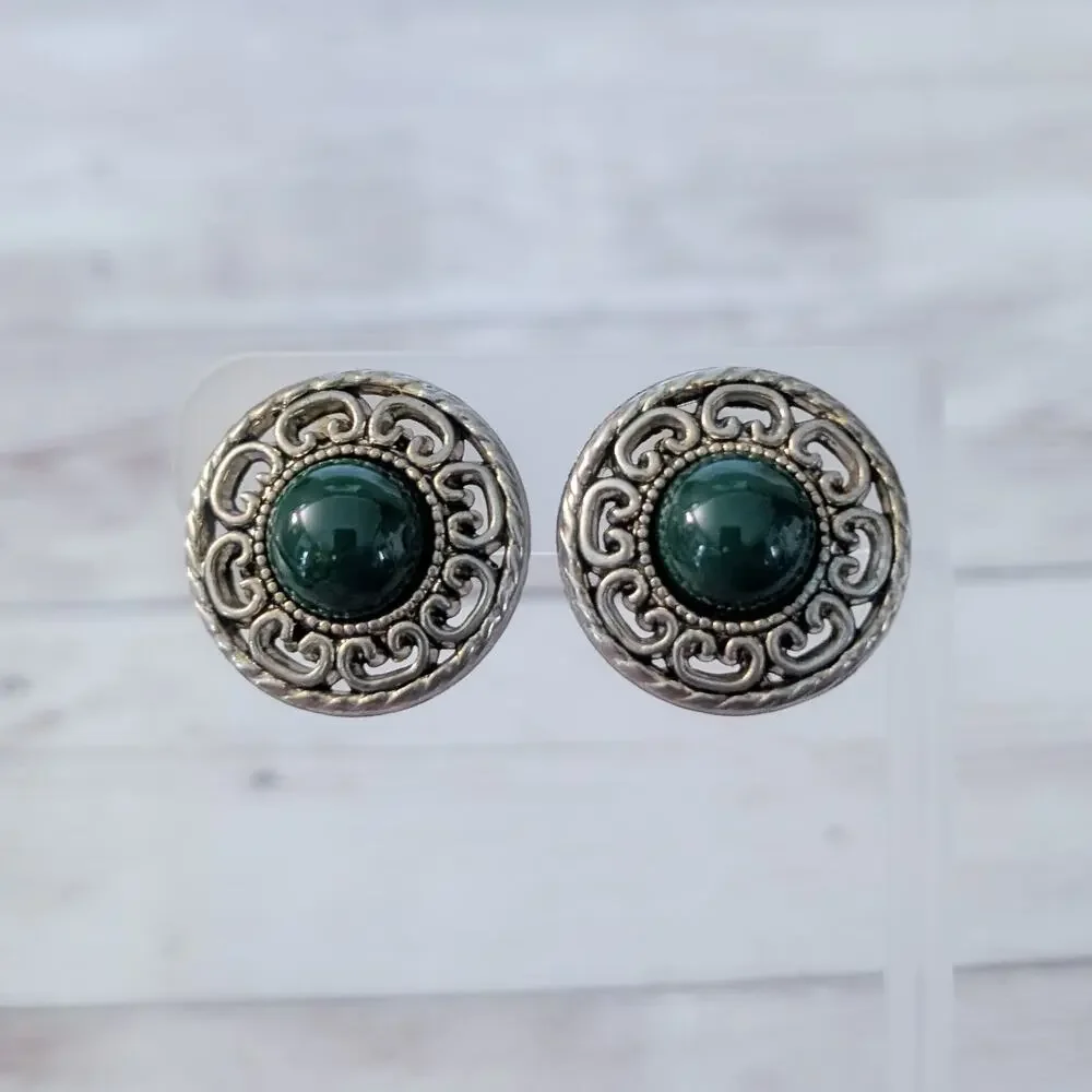 Vintage Clip On Earrings Statement Ornate Dark Gold Tone with Green Center 1"